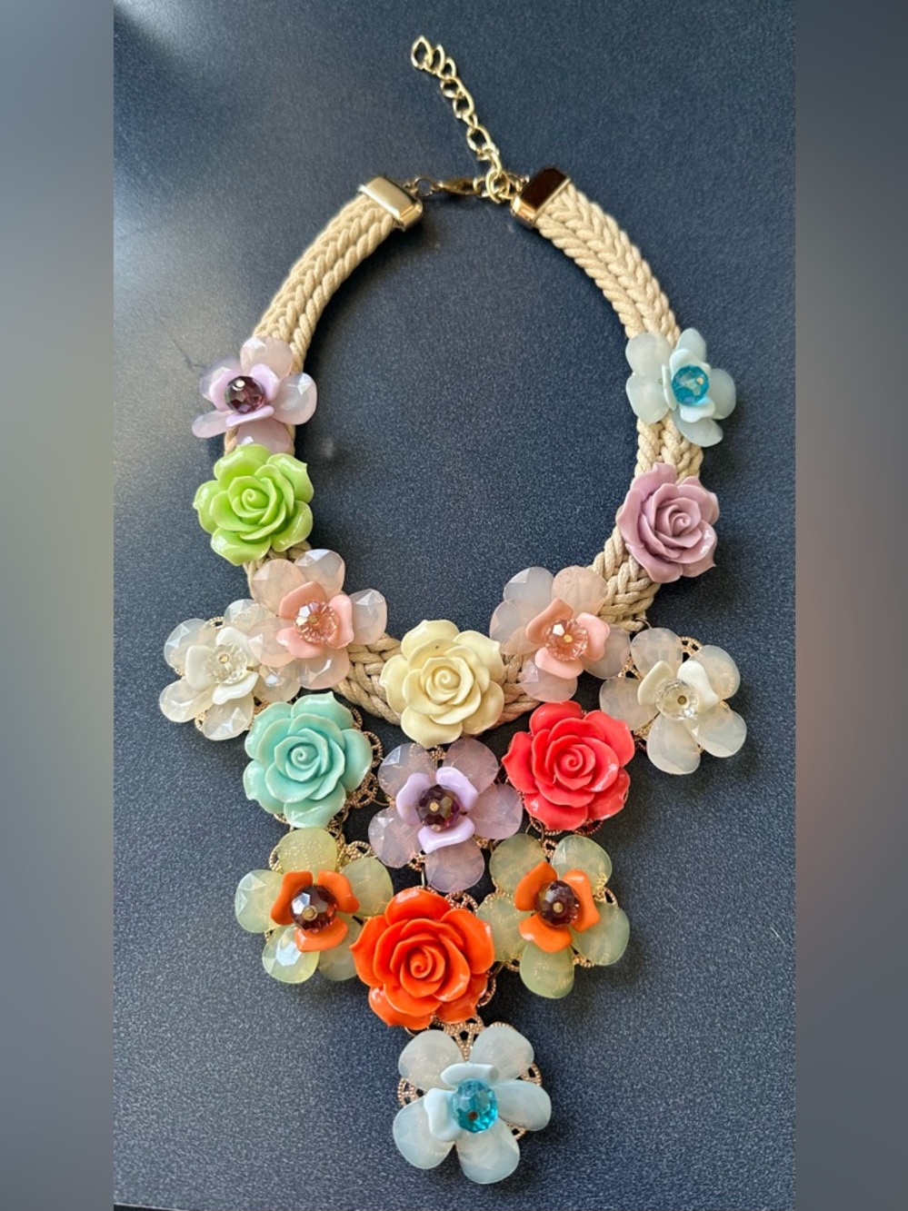 Multi Color Spring Floral Braided Rope Gold Lobster Claw Clasp Statement Necklac - Picture 6 of 17
